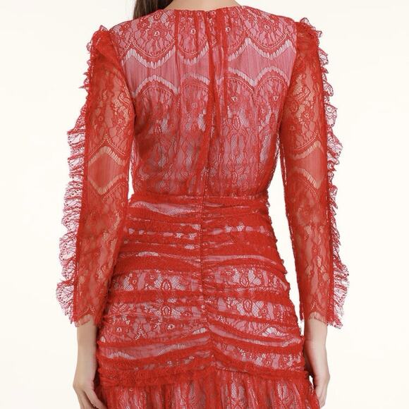Elliatt Ruched Lace Long Sleeve Mini Dress Red Romantic Size Small - Picture 2 of 6